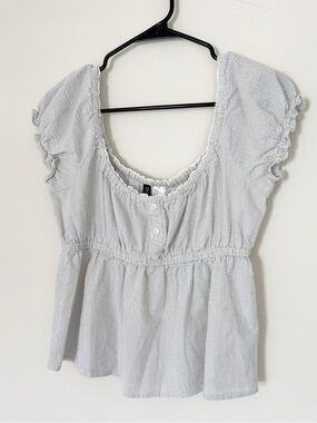 H&M Babydoll Light Blue Striped Top Peplum Cotton Textured Top Y2K